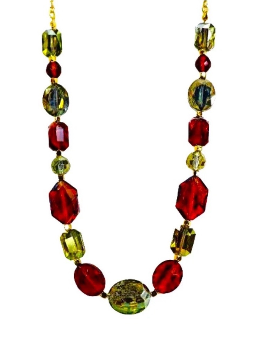 Green and brown glass bead necklace with small gold beads, multi color neck New